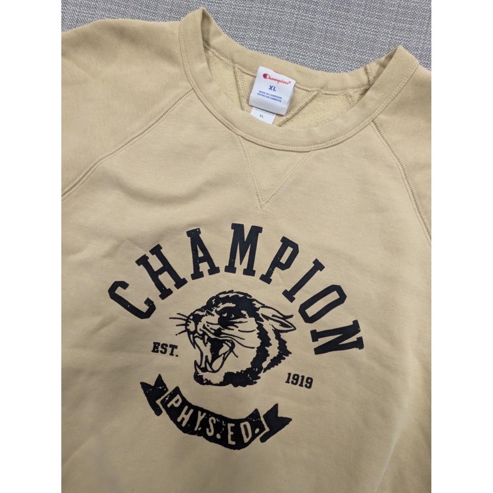 Champion Sweatshirt Womens XL Beige Short Sleeve Raglan Tiger Phys Ed Graphic